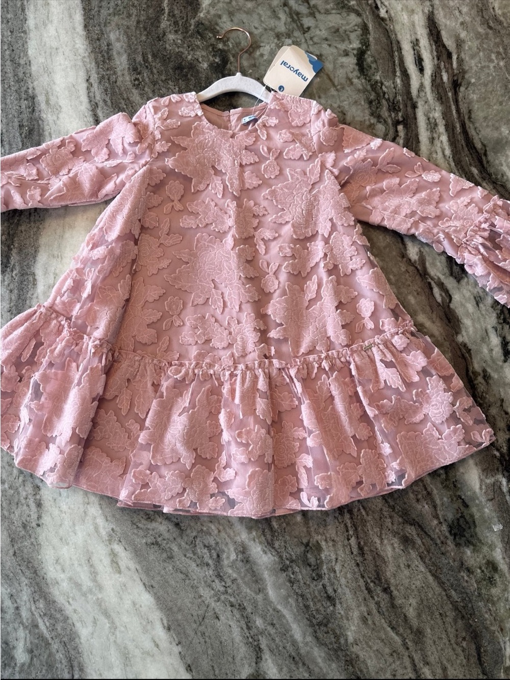 Mayoral Dusty Pink Floral Lace Tiered Long-Sleeve Dress. Size 5 T no tag .